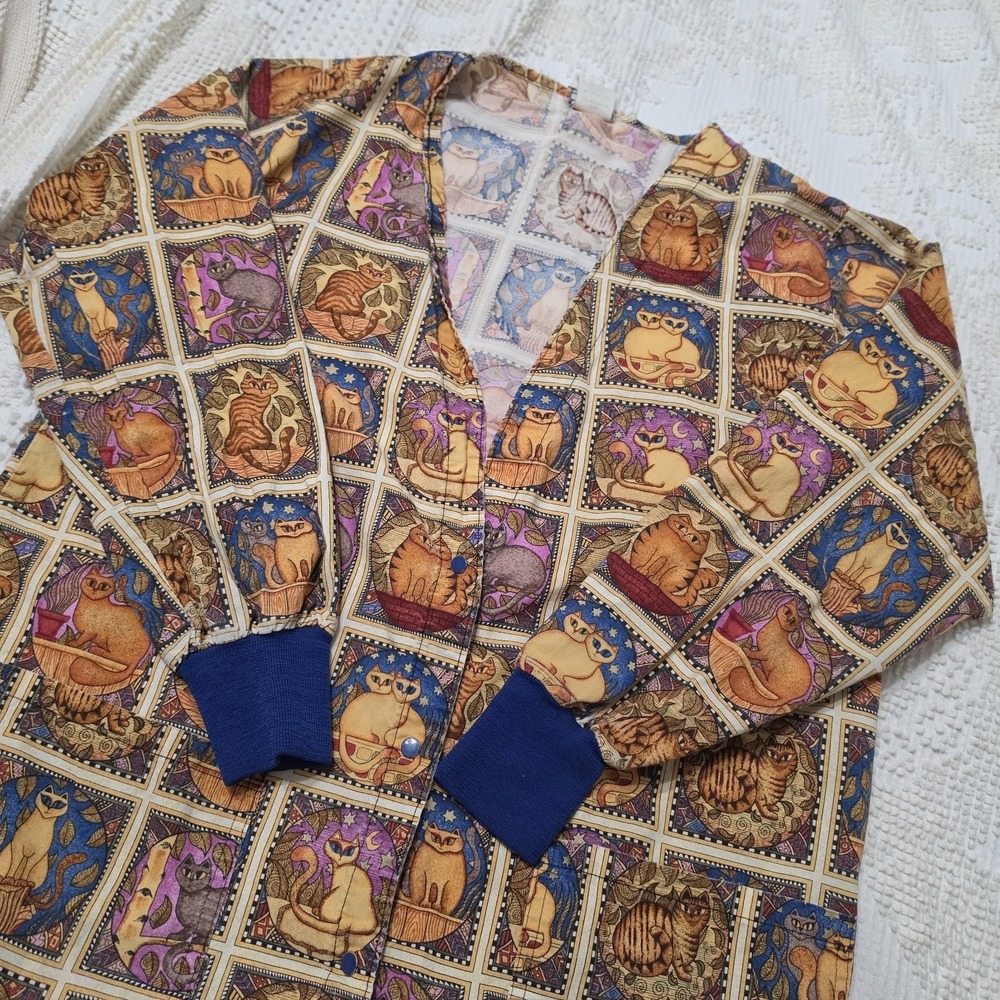 Cottonality Scrub Jacket Vintage Like Exotic Cat Blocks By Dan Morris Size Med